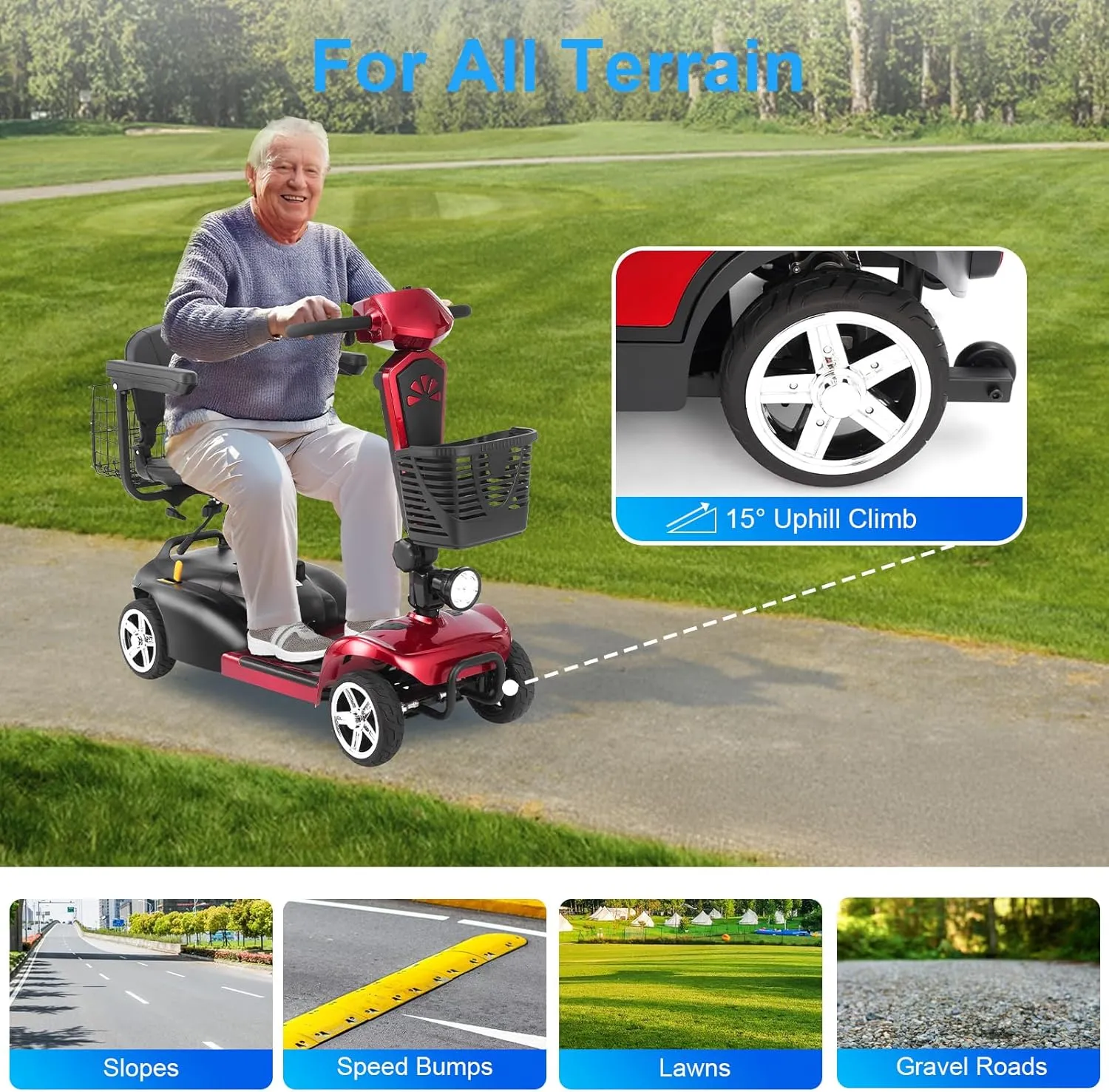 4 Wheels Eldryvon EV02 Electric Mobility Scooter for Seniors & Adult, 300Lbs All Terrain, Foldable Powered Wheelchair Device with Dual Basket, Rotating Seat (Red, EV02 Standard)