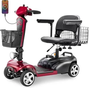 4 Wheels Eldryvon EV02 Electric Mobility Scooter for Seniors & Adult, 300Lbs All Terrain, Foldable Powered Wheelchair Device with Dual Basket, Rotating Seat (Red, EV02 Standard)