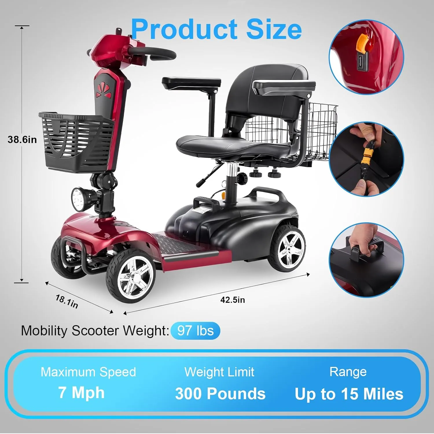 4 Wheels Eldryvon EV02 Electric Mobility Scooter for Seniors & Adult, 300Lbs All Terrain, Foldable Powered Wheelchair Device with Dual Basket, Rotating Seat (Red, EV02 Standard)