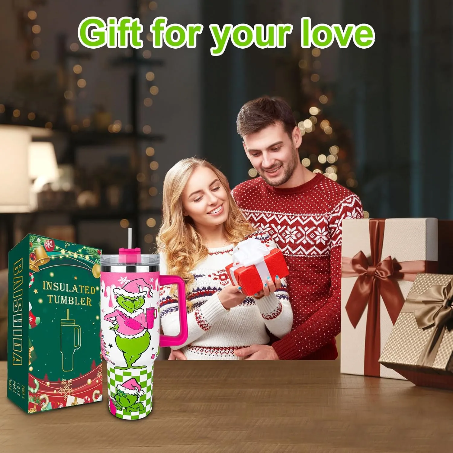 40 oz Christmas Grinchi Tumbler with Handle and Straw, Stainless Steel Tumbler with Lid Straw, Car Sports Travel Cup Christmas Gift 40oz Tumblers (Christmas 4)