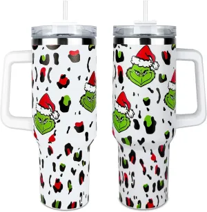 40 oz Christmas Grinchi Tumbler with Handle and Straw, Stainless Steel Tumbler with Lid Straw, Car Sports Travel Cup Christmas Gift 40oz Tumblers (Christmas 4)