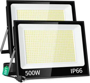 500W LED Flood Light Outdoor with Plug 10ft Cable(2750W Eqv.), 60000LM Ultra Brighter 5000K Exterior Security Light, IP66 Waterproof Commercial Lighting for Sports Fields Counts Arena Stadium(2 Pack)