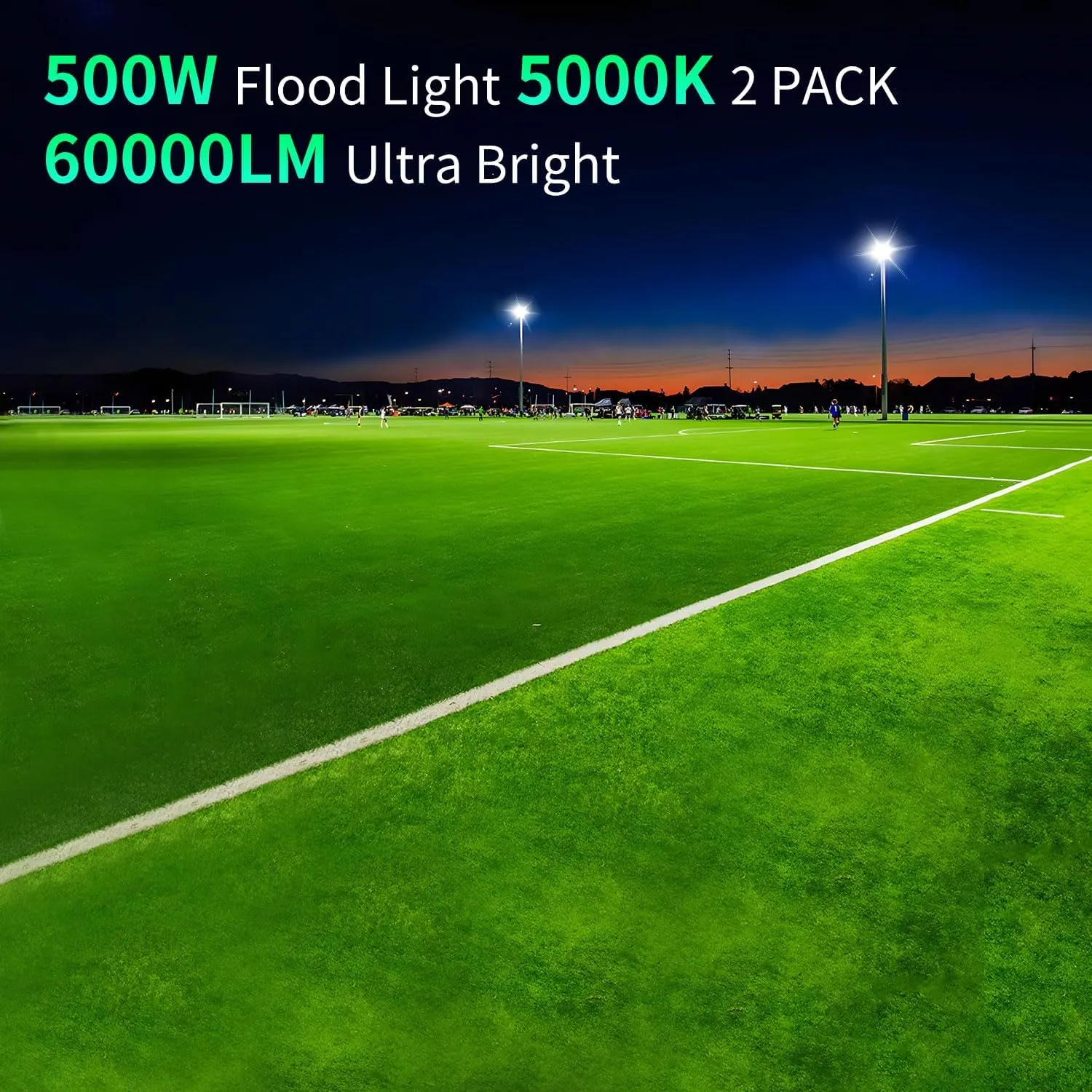 500W LED Flood Light Outdoor with Plug 10ft Cable(2750W Eqv.), 60000LM Ultra Brighter 5000K Exterior Security Light, IP66 Waterproof Commercial Lighting for Sports Fields Counts Arena Stadium(2 Pack)