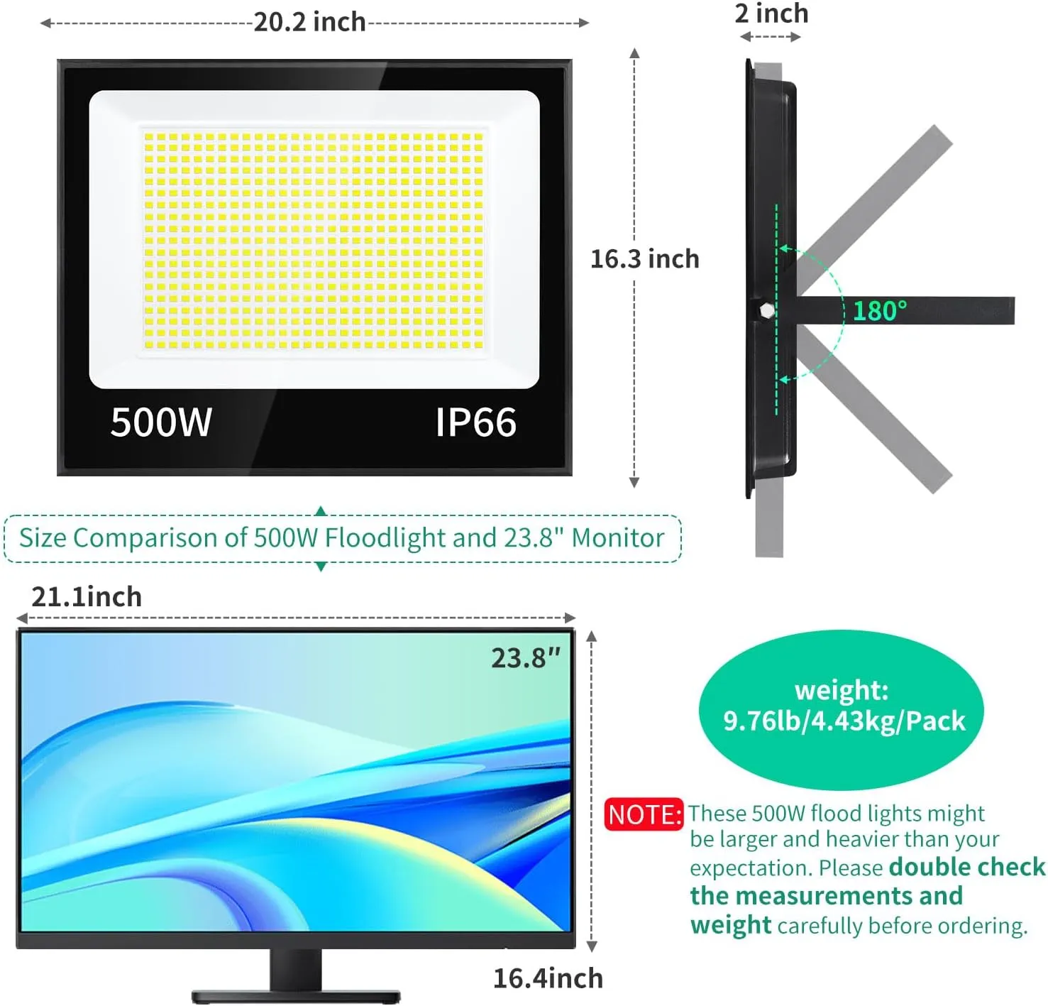500W LED Flood Light Outdoor with Plug 10ft Cable(2750W Eqv.), 60000LM Ultra Brighter 5000K Exterior Security Light, IP66 Waterproof Commercial Lighting for Sports Fields Counts Arena Stadium(2 Pack)