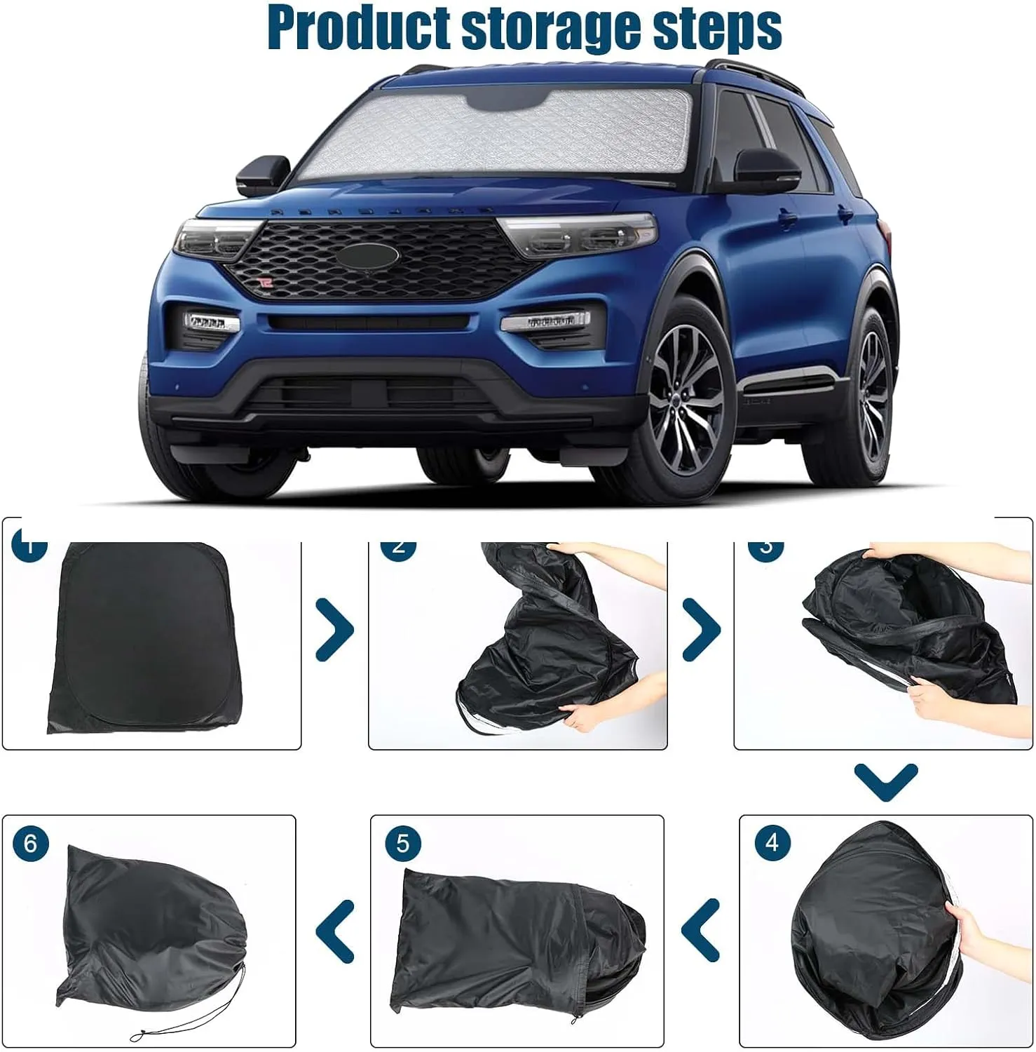 6 Layers Custom Fit Windshield Sun Shade for 2020-2024 Ford Explorer, Foldable Car Sunshade with Storage Bag, Heat Reflective & UV Protection