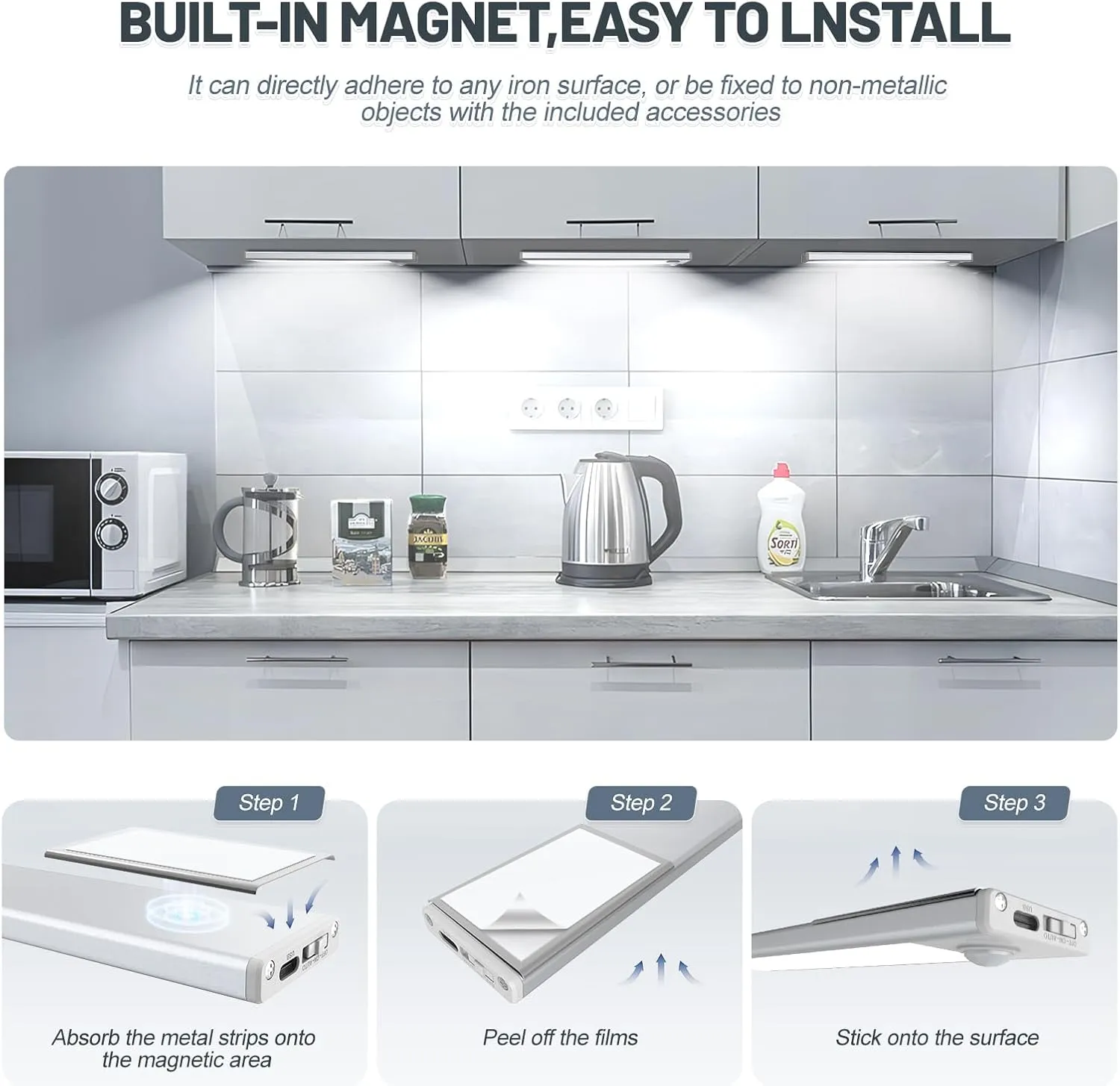 6 Pack Under Cabinet Lighting Wireless, 50 LED Rechargeable Battery Motion Sensor Light Indoor, Stick On Magnetic Closet Lights, Under Counter Lights for Kitchen, Stairs, White 12 in