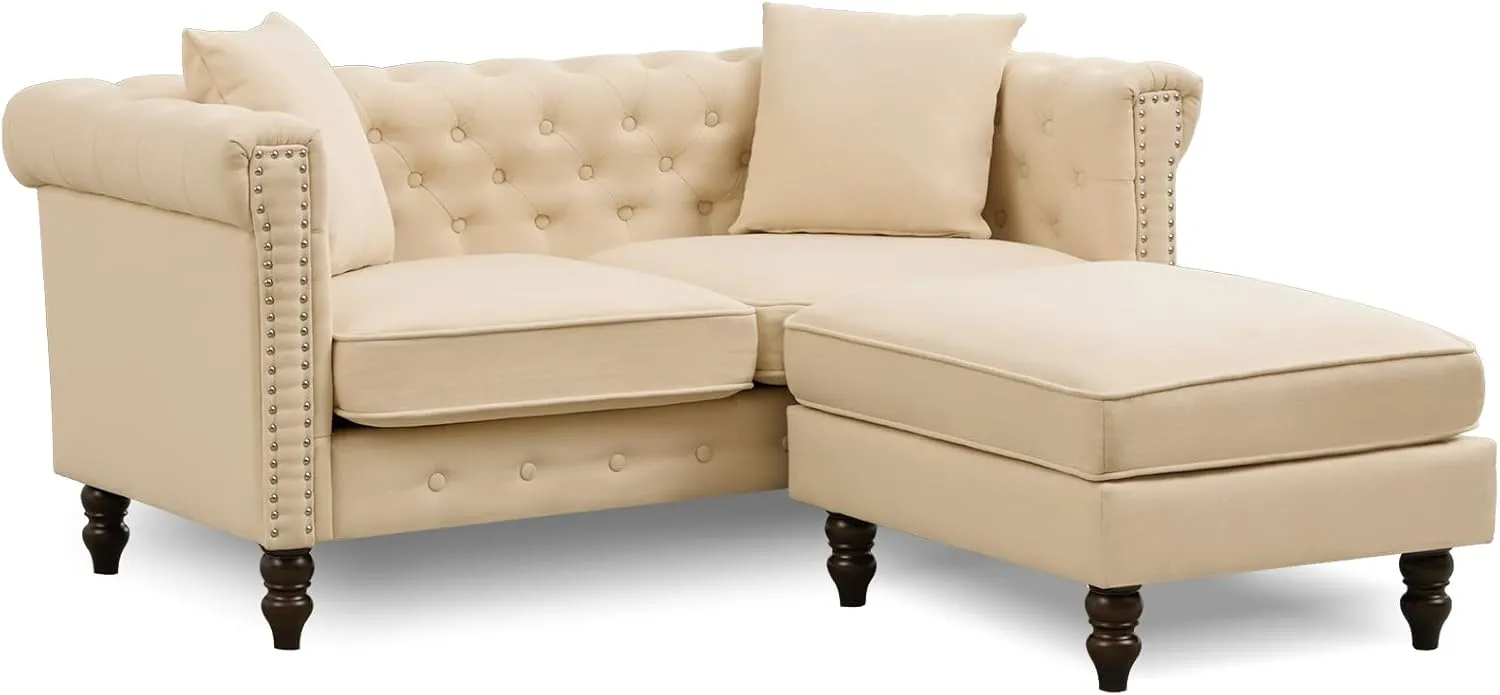 62" Chesterfield Tufted Linen Sofa Couch with Gourd Wooden Legs, Classic Loveseat Sofa Couch with Nailhead Trim and Flared Arms, Comfy Loveseat Sectional with Chaise for Living Room, Beige
