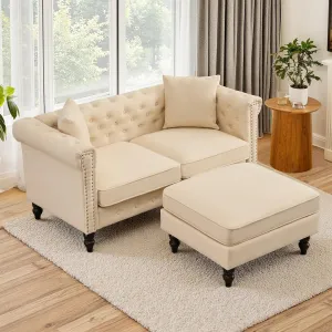 62" Chesterfield Tufted Linen Sofa Couch with Gourd Wooden Legs, Classic Loveseat Sofa Couch with Nailhead Trim and Flared Arms, Comfy Loveseat Sectional with Chaise for Living Room, Beige