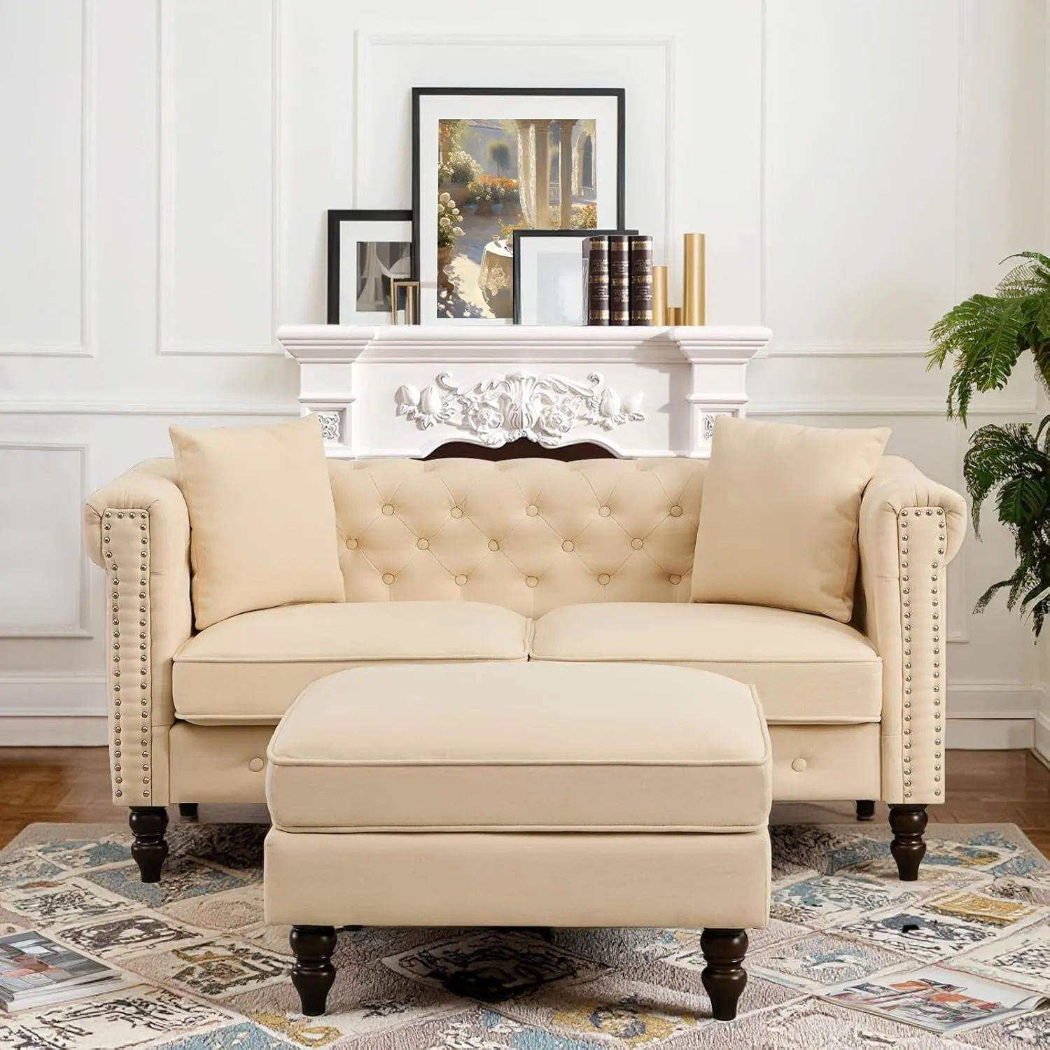 62" Chesterfield Tufted Linen Sofa Couch with Gourd Wooden Legs, Classic Loveseat Sofa Couch with Nailhead Trim and Flared Arms, Comfy Loveseat Sectional with Chaise for Living Room, Beige