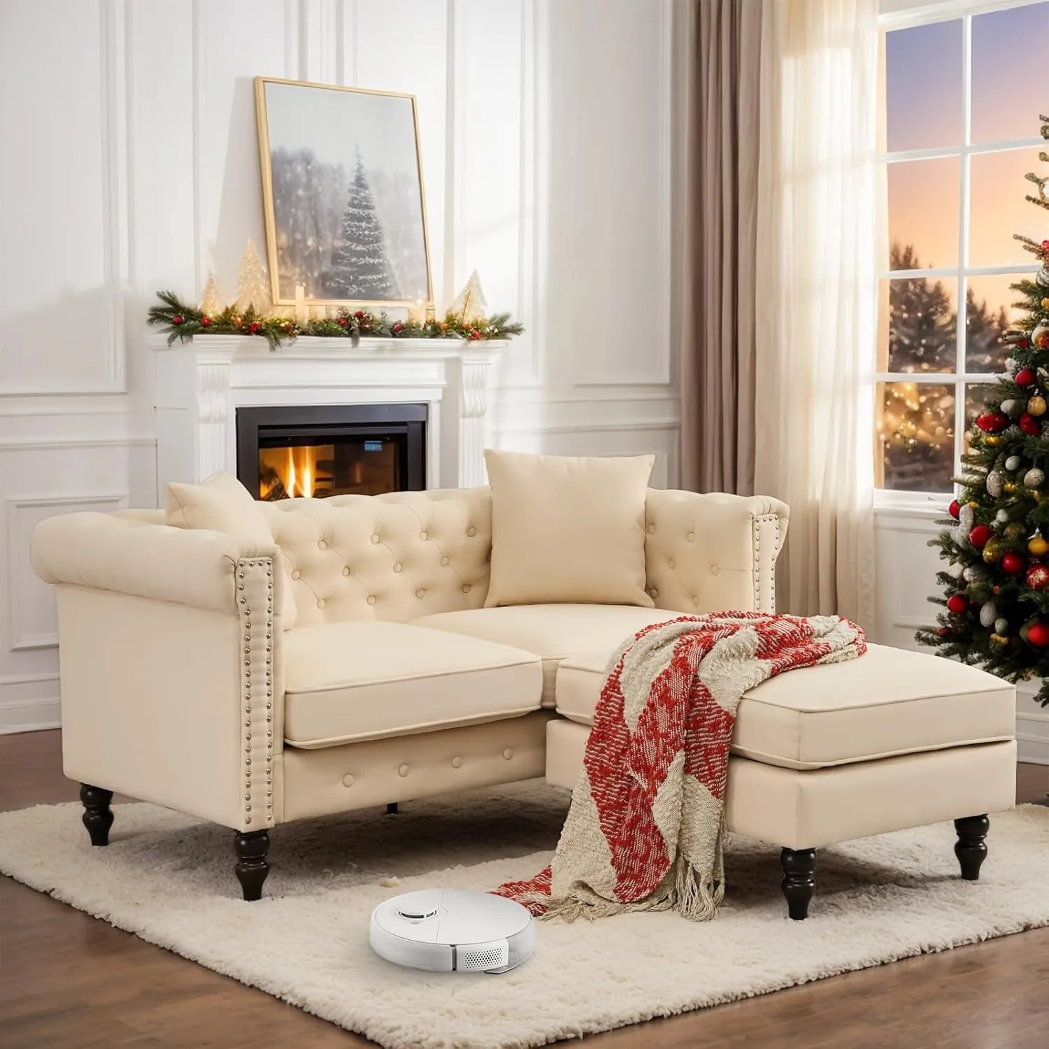 62" Chesterfield Tufted Linen Sofa Couch with Gourd Wooden Legs, Classic Loveseat Sofa Couch with Nailhead Trim and Flared Arms, Comfy Loveseat Sectional with Chaise for Living Room, Beige