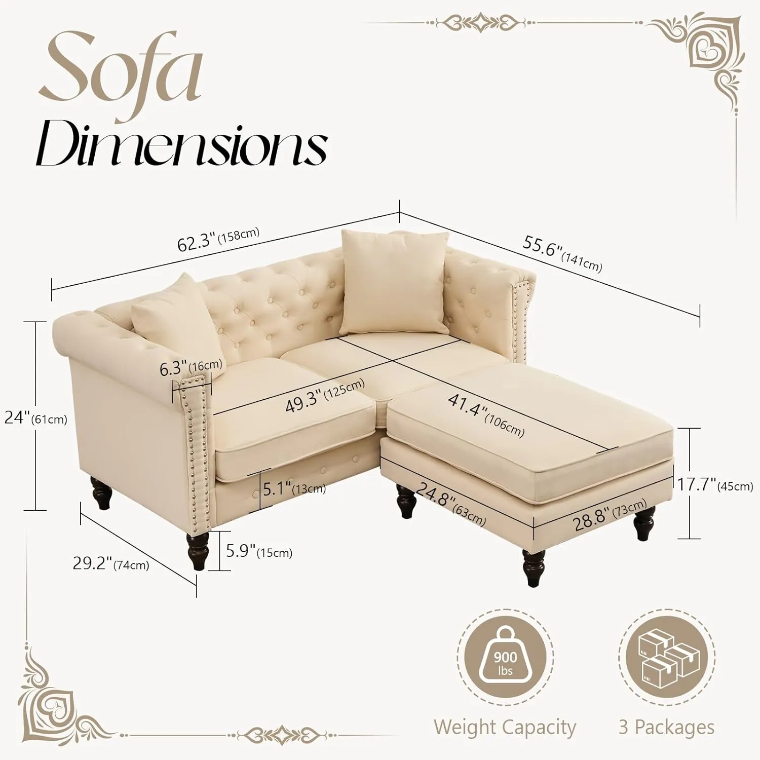 62" Chesterfield Tufted Linen Sofa Couch with Gourd Wooden Legs, Classic Loveseat Sofa Couch with Nailhead Trim and Flared Arms, Comfy Loveseat Sectional with Chaise for Living Room, Beige