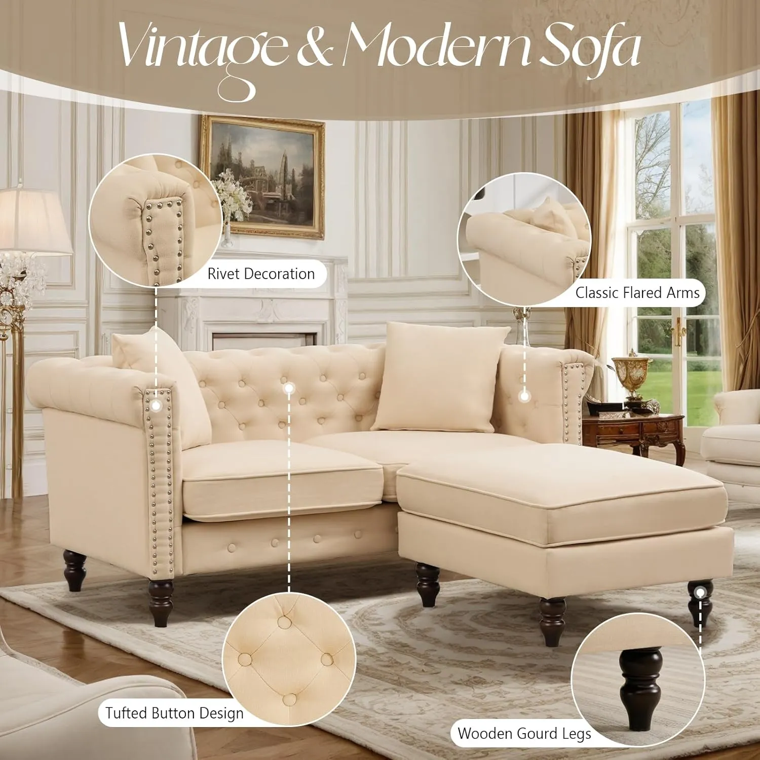 62" Chesterfield Tufted Linen Sofa Couch with Gourd Wooden Legs, Classic Loveseat Sofa Couch with Nailhead Trim and Flared Arms, Comfy Loveseat Sectional with Chaise for Living Room, Beige