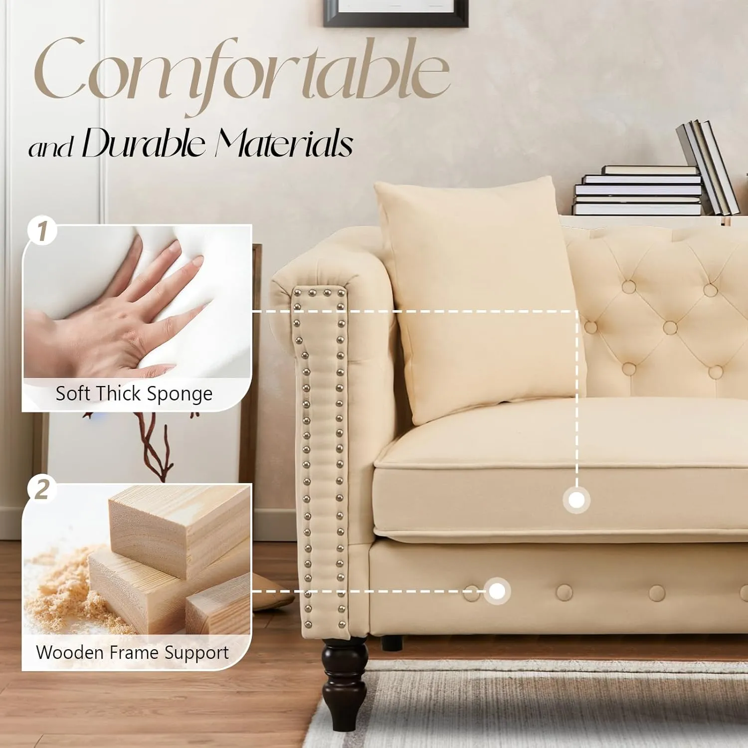 62" Chesterfield Tufted Linen Sofa Couch with Gourd Wooden Legs, Classic Loveseat Sofa Couch with Nailhead Trim and Flared Arms, Comfy Loveseat Sectional with Chaise for Living Room, Beige