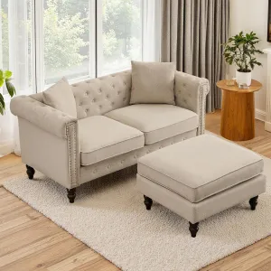 62" Chesterfield Tufted Linen Sofa Couch with Gourd Wooden Legs, Classic Loveseat Sofa Couch with Nailhead Trim and Flared Arms, Comfy Loveseat Sectional with Chaise for Living Room, Gray