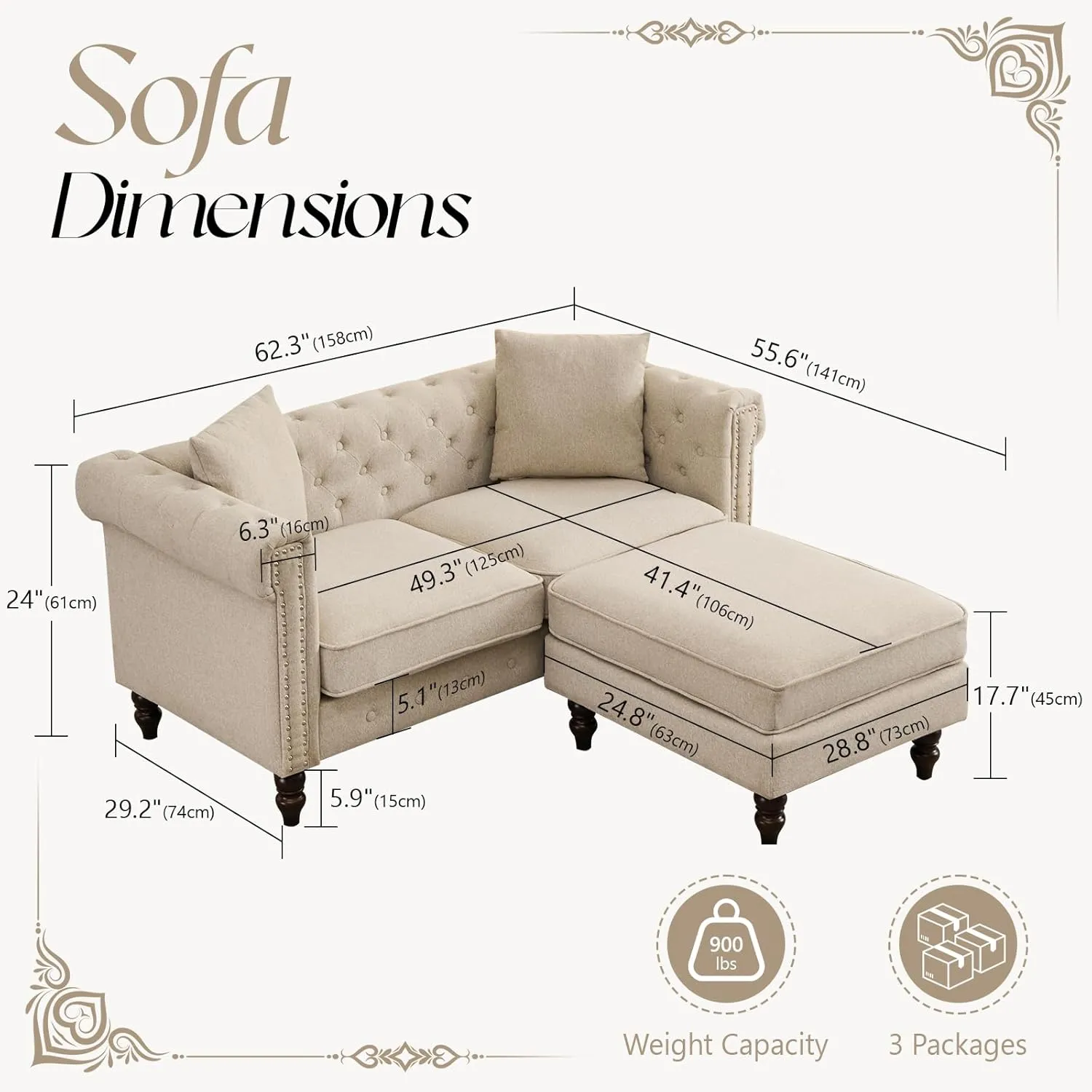 62" Chesterfield Tufted Linen Sofa Couch with Gourd Wooden Legs, Classic Loveseat Sofa Couch with Nailhead Trim and Flared Arms, Comfy Loveseat Sectional with Chaise for Living Room, Gray