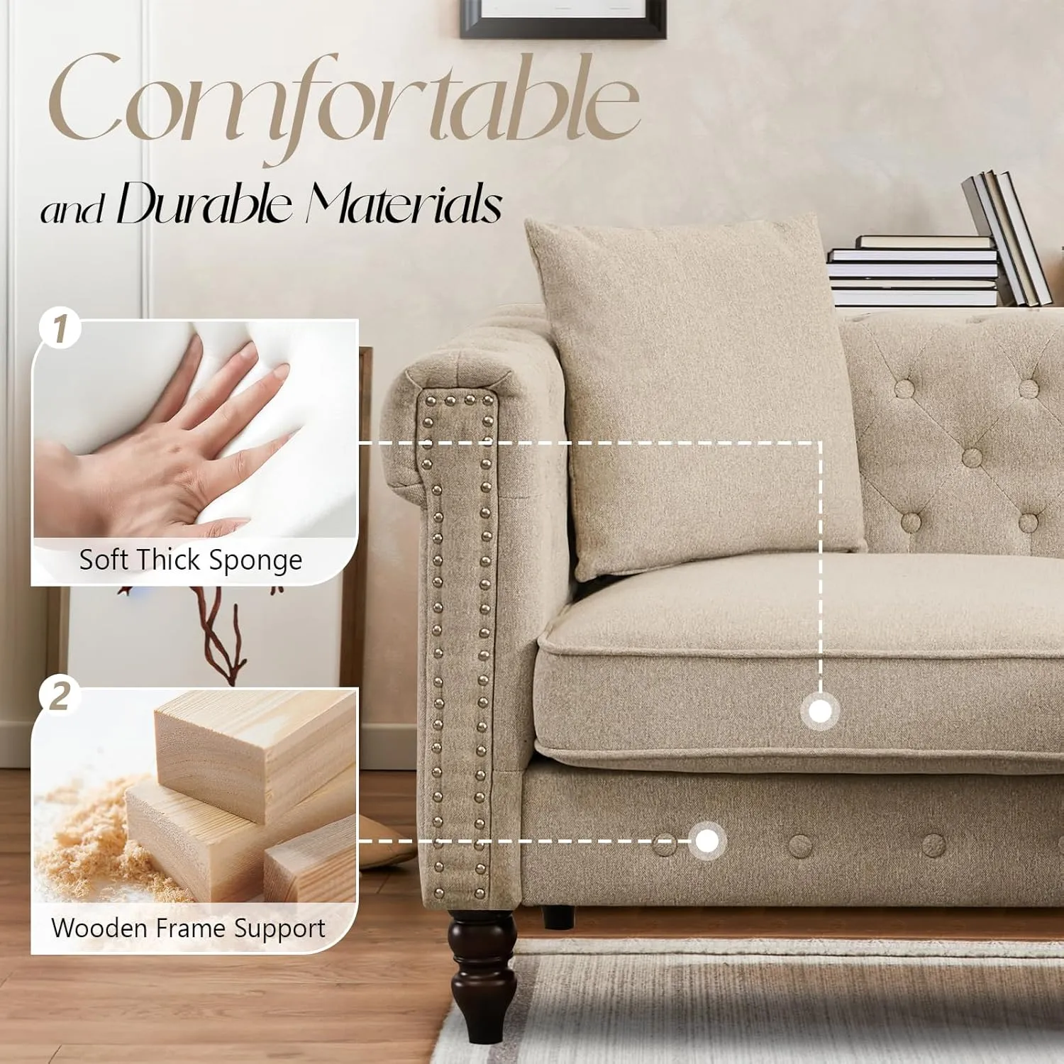 62" Chesterfield Tufted Linen Sofa Couch with Gourd Wooden Legs, Classic Loveseat Sofa Couch with Nailhead Trim and Flared Arms, Comfy Loveseat Sectional with Chaise for Living Room, Gray