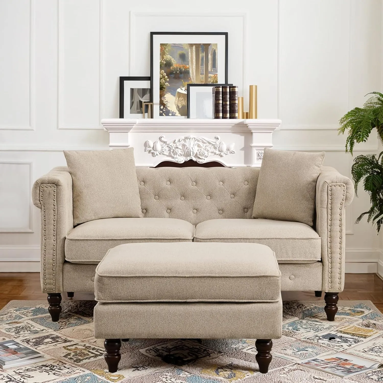 62" Chesterfield Tufted Linen Sofa Couch with Gourd Wooden Legs, Classic Loveseat Sofa Couch with Nailhead Trim and Flared Arms, Comfy Loveseat Sectional with Chaise for Living Room, Gray