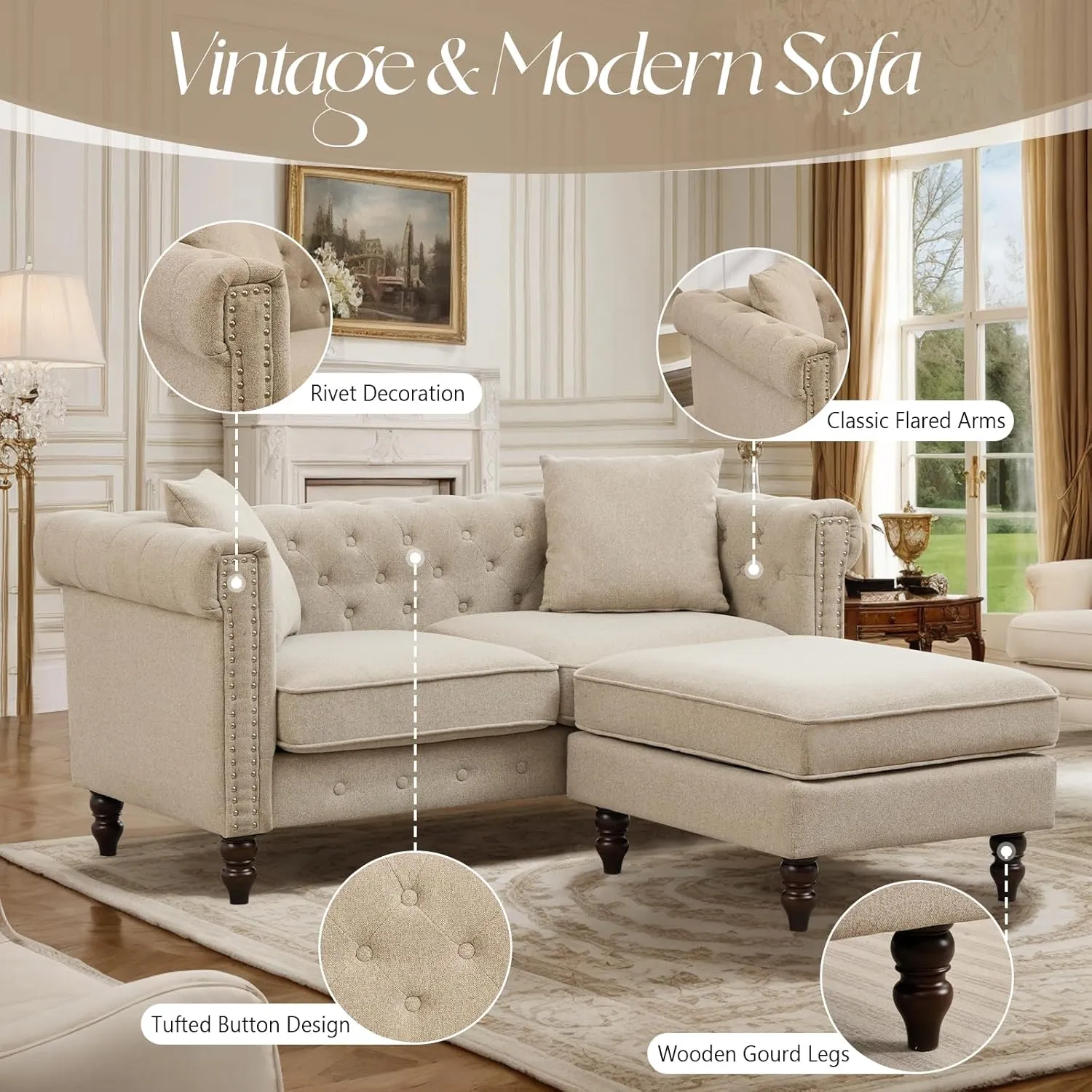 62" Chesterfield Tufted Linen Sofa Couch with Gourd Wooden Legs, Classic Loveseat Sofa Couch with Nailhead Trim and Flared Arms, Comfy Loveseat Sectional with Chaise for Living Room, Gray