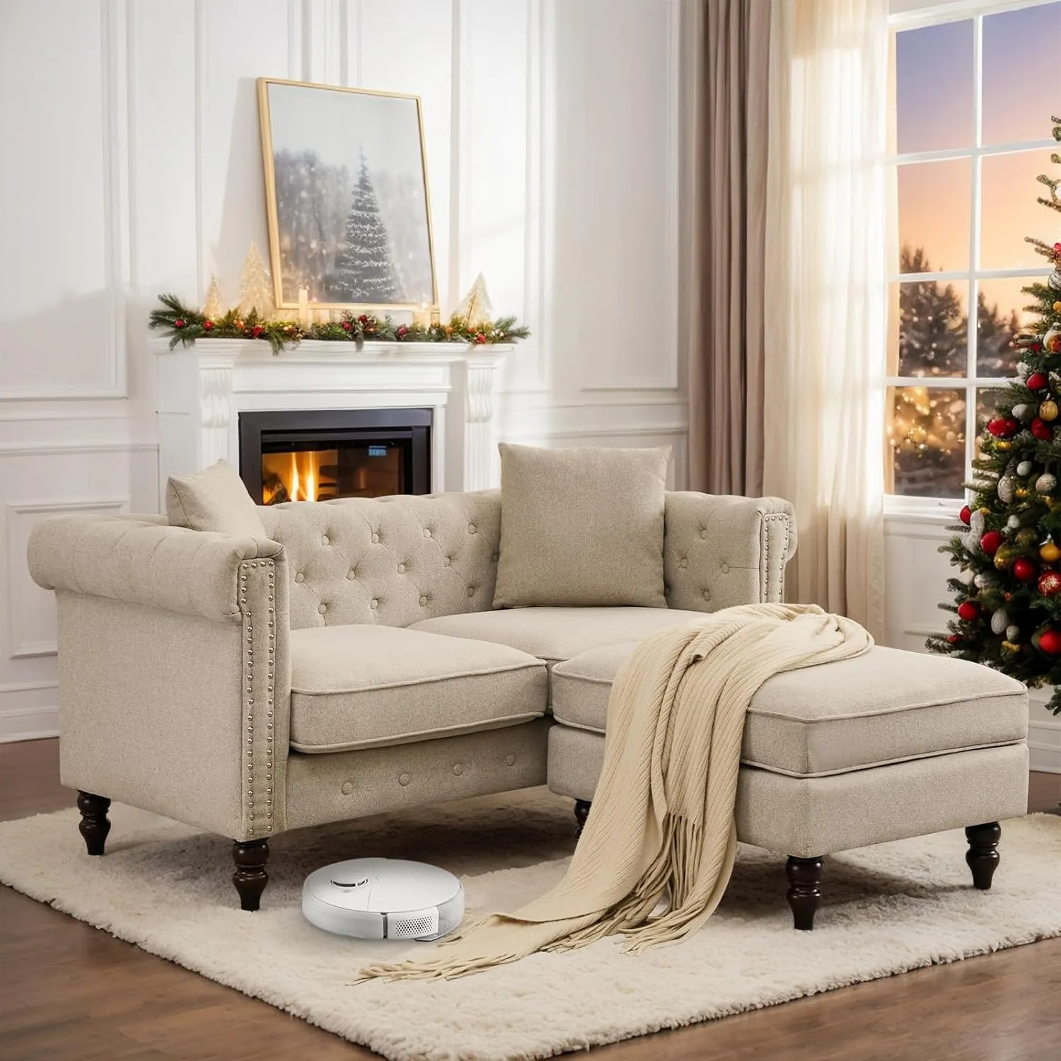 62" Chesterfield Tufted Linen Sofa Couch with Gourd Wooden Legs, Classic Loveseat Sofa Couch with Nailhead Trim and Flared Arms, Comfy Loveseat Sectional with Chaise for Living Room, Gray