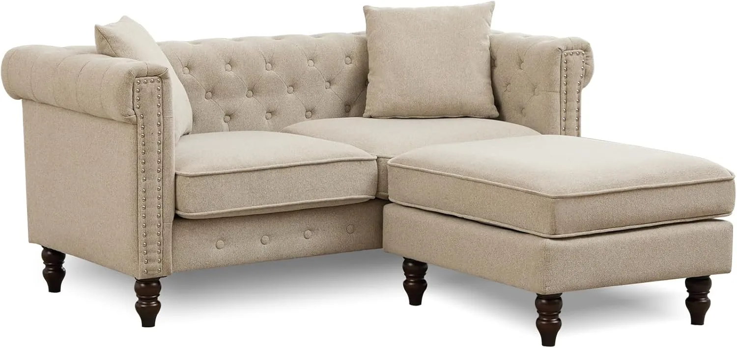 62" Chesterfield Tufted Linen Sofa Couch with Gourd Wooden Legs, Classic Loveseat Sofa Couch with Nailhead Trim and Flared Arms, Comfy Loveseat Sectional with Chaise for Living Room, Gray