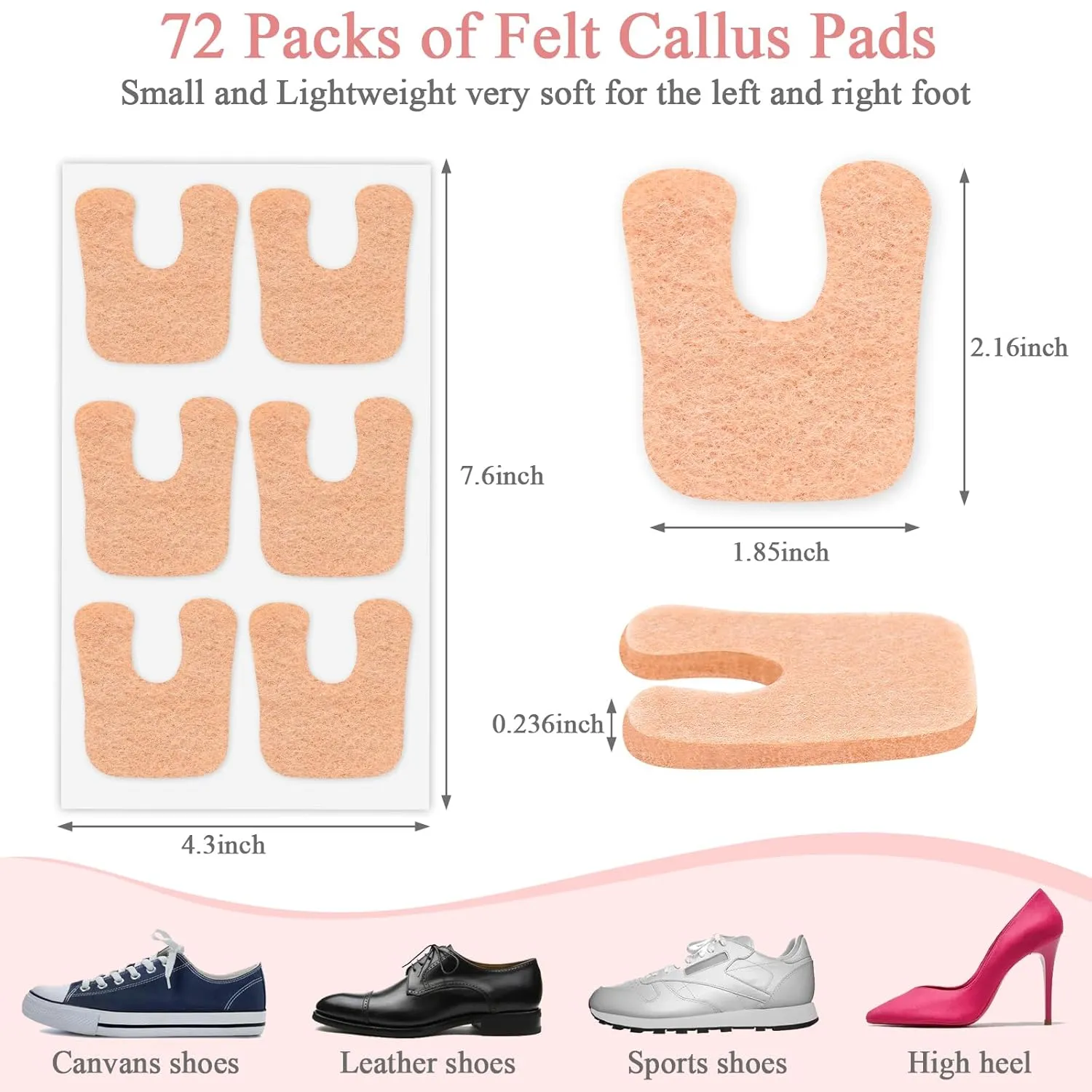 72 Pcs Callus Pads for Feet Soft Felt Callus Cushions for Bottom of Foot U Shape Metatarsal Pads Pain Relief Adhesive Coin Pads Keep Protecting Calluses from Rubbing on Shoes for Women Men Heel Pads