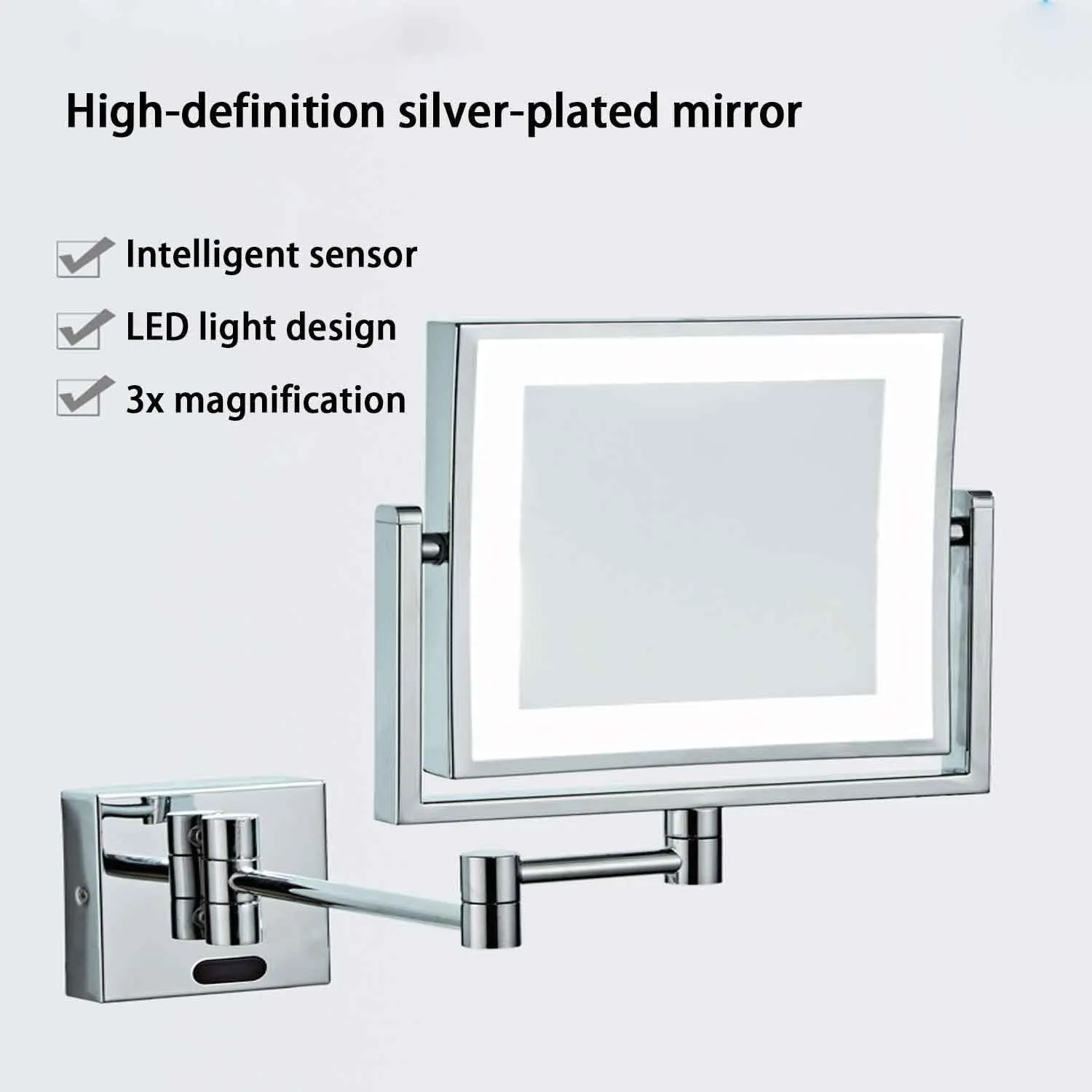 8 Inch Wall Mounted Double-Sided 1X/3X Magnifying Lighted Makeup Vanity Mirror with Infrared Sensor Switch 360° Swivel Extendable Cosmetic MirrorNickel Hard-Wired(Zirconium,PlugIn)
