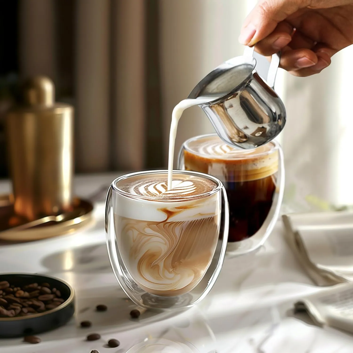 8 Ounces Set of 4 Double Walled Glass Coffee Mugs Insulated Layer Coffee Cups Borosilicate Glass Espresso Double Insulated Clear Glass Coffee Mug for Hot Beverages