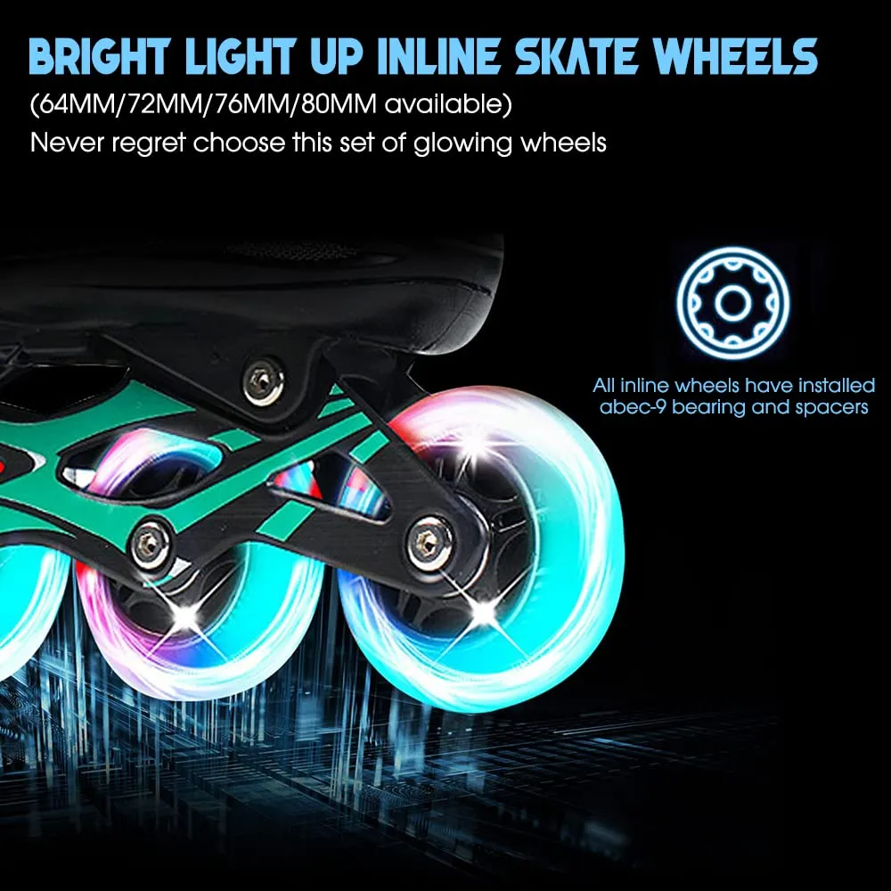 8 Pack Light Up Inline Skate Wheels 64mm 72mm 76mm 80mm Inline Wheels with ABEC-9 Bearing for inline Skate Wheels - 85A Inline Wheels for Indoor & Outdoor
