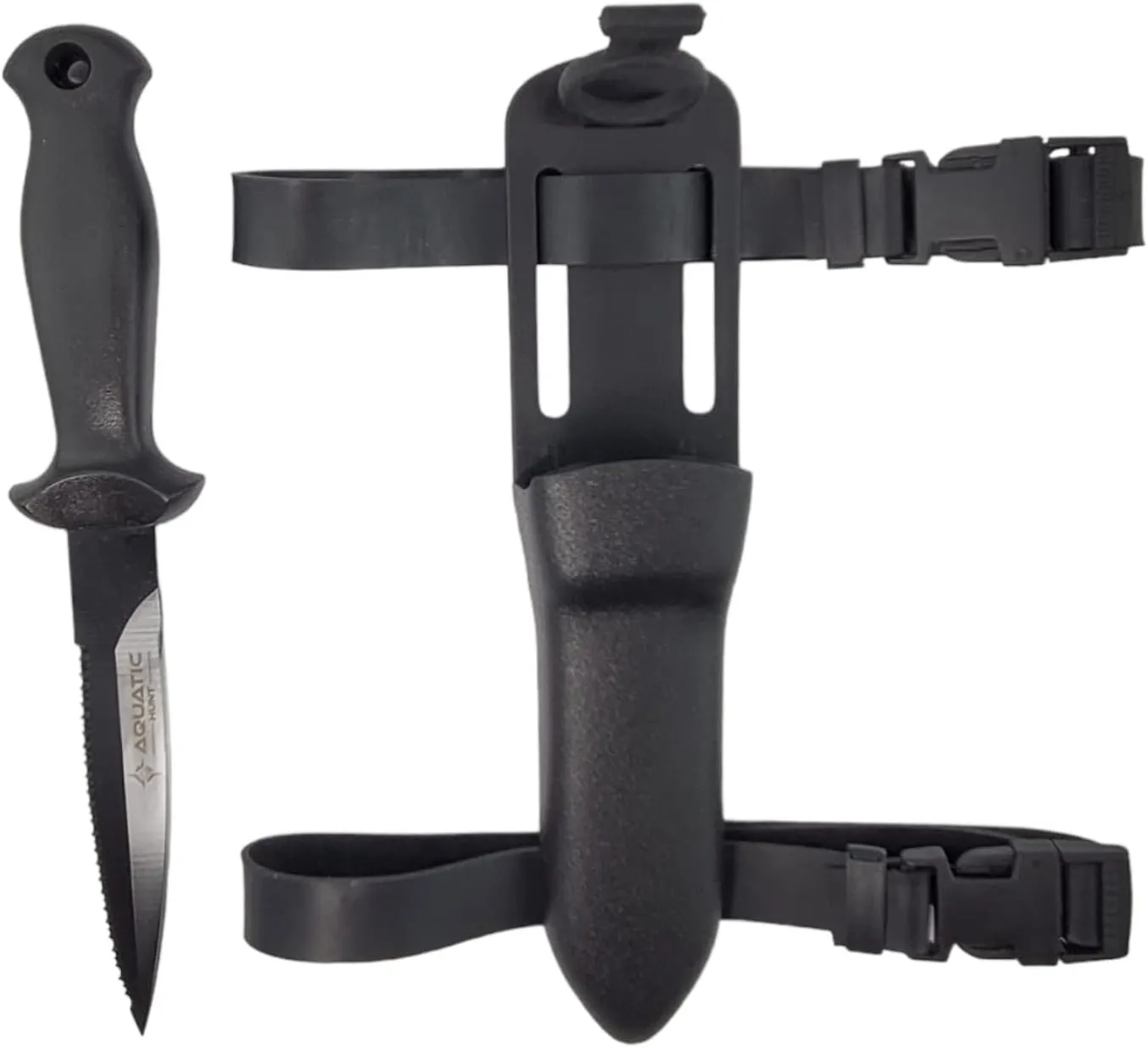 8.5" (216 mm) Dive & Spearfishing Knife – SS304 Serrated Stainless Steel with Black Coating for Easy Cleaning – Lightweight, Rust-Resistant Blade – Includes Adjustable Arm/Leg Holster