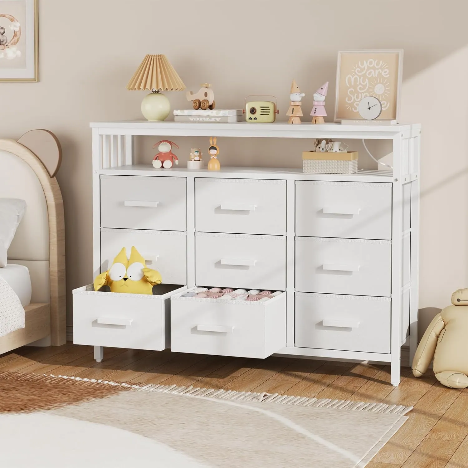9 Drawer Dresser TV Stand with LED Lights & Power Outlets, Entertainment Center with Open Shelf, Media Console for 50” TV, Large Storage Dresser for Bedroom (White)