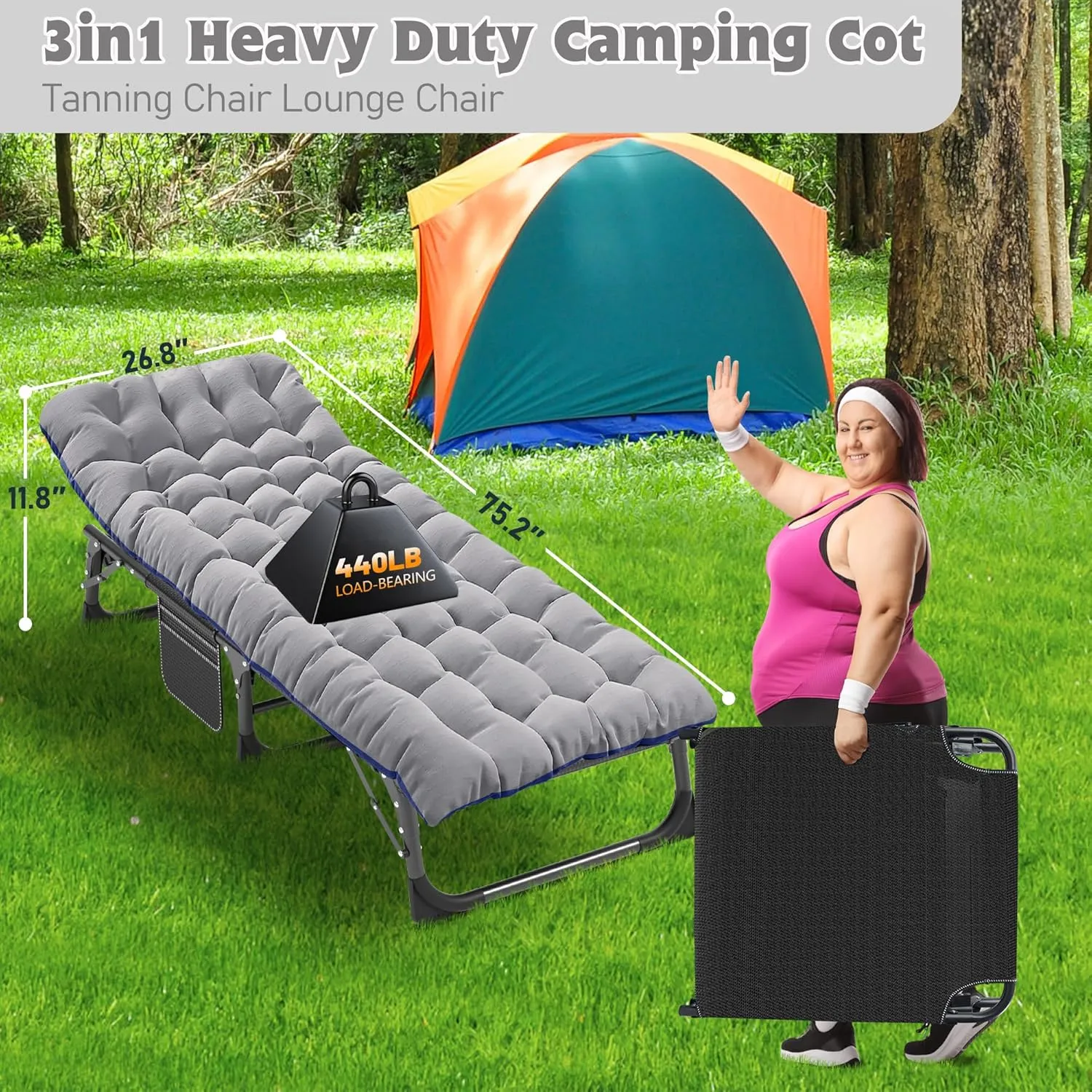 ABORON Folding Camping Cot W/Mat for Adults, Adjustable Heavy Duty Outdoor Bed,1200 D Layer Oxford Travel Camp Cots