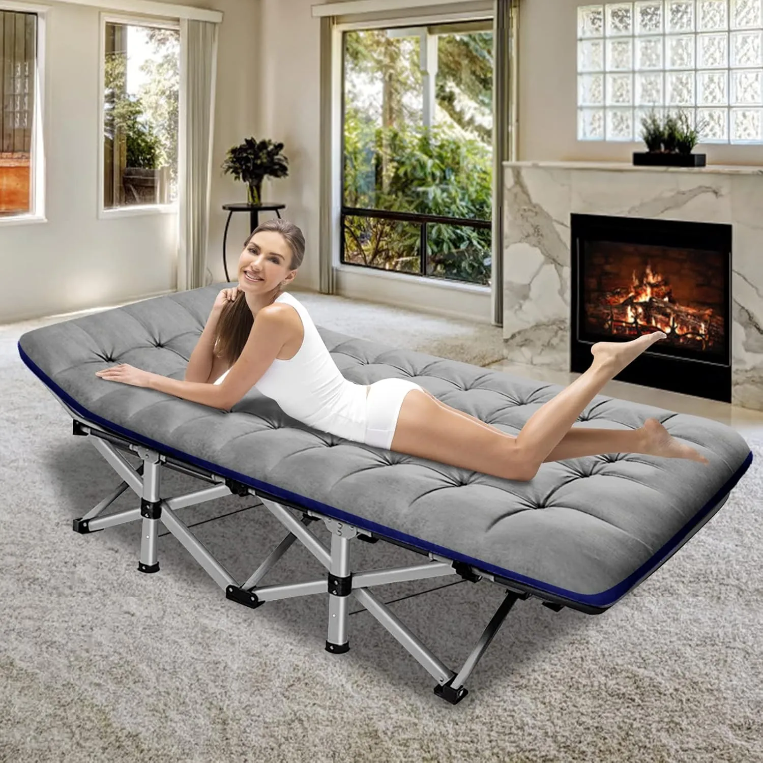 ABORON Folding Camping Cot W/Mat for Adults, Heavy Duty Outdoor Bed with Carry Bag,1200 D Layer Oxford Travel Camp Cots