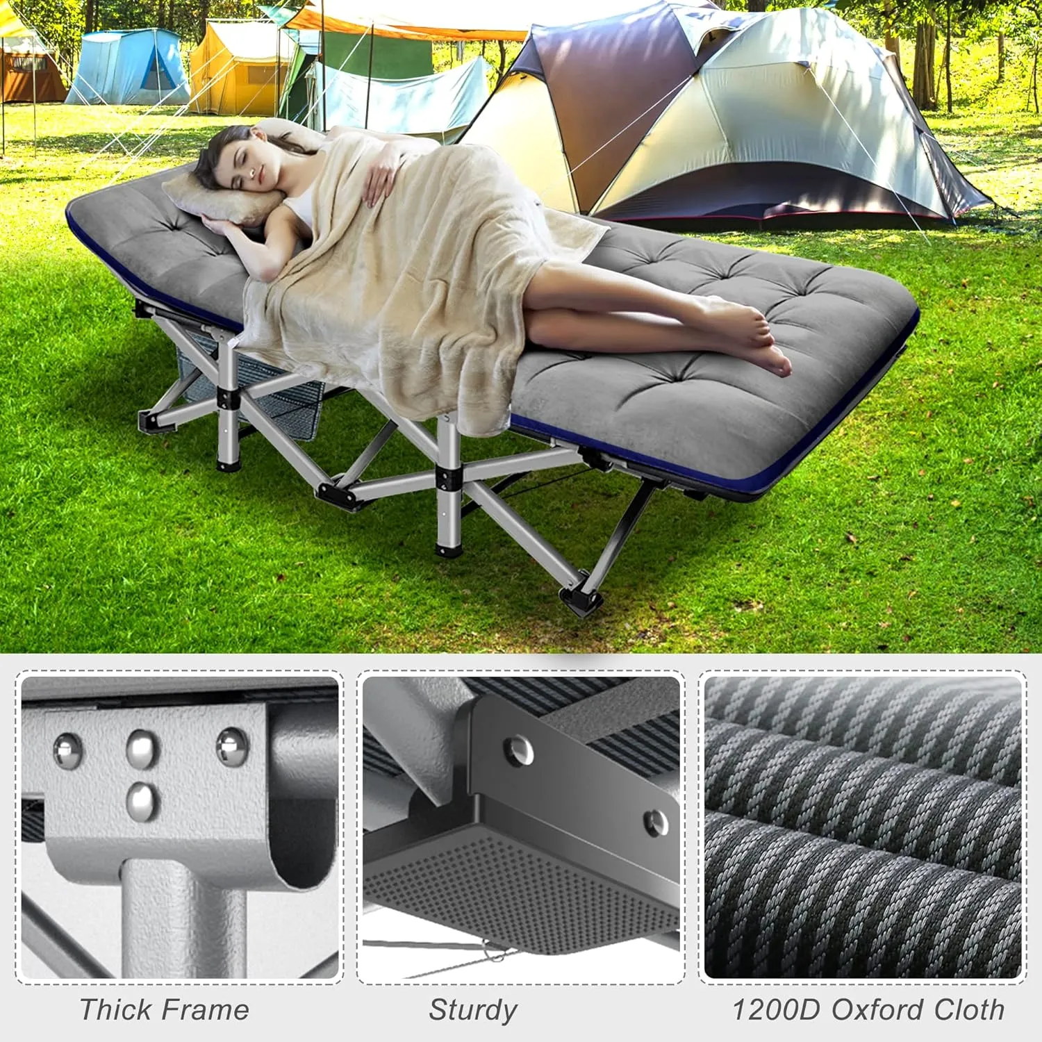 ABORON Folding Camping Cot W/Mat for Adults, Heavy Duty Outdoor Bed with Carry Bag,1200 D Layer Oxford Travel Camp Cots