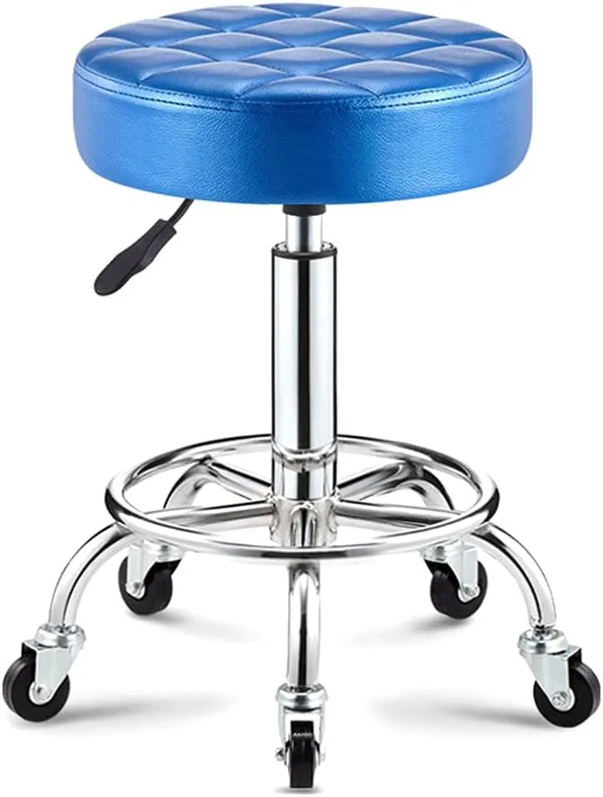 Adjustable Height Stool with 5 Wheels/13 Inch Thick Sponge, Chrome Steel PU Leather Bar Stool Work Shop Stool,Hydraulic Rolling Swivel Salon Stool,Massage Spa Tattoo Pink,Gold (Blue)