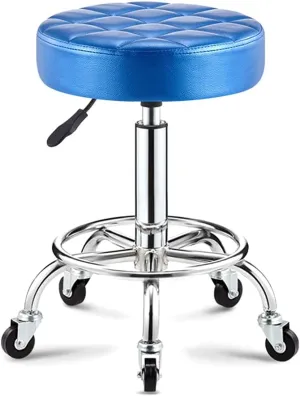 Adjustable Height Stool with 5 Wheels/13 Inch Thick Sponge, Chrome Steel PU Leather Bar Stool Work Shop Stool,Hydraulic Rolling Swivel Salon Stool,Massage Spa Tattoo Pink,Gold (Blue)