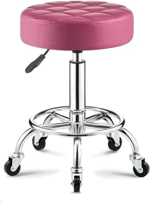 Adjustable Height Stool with 5 Wheels/13 Inch Thick Sponge, Chrome Steel PU Leather Bar Stool Work Shop Stool,Hydraulic Rolling Swivel Salon Stool,Massage Spa Tattoo Pink,Gold (Red)