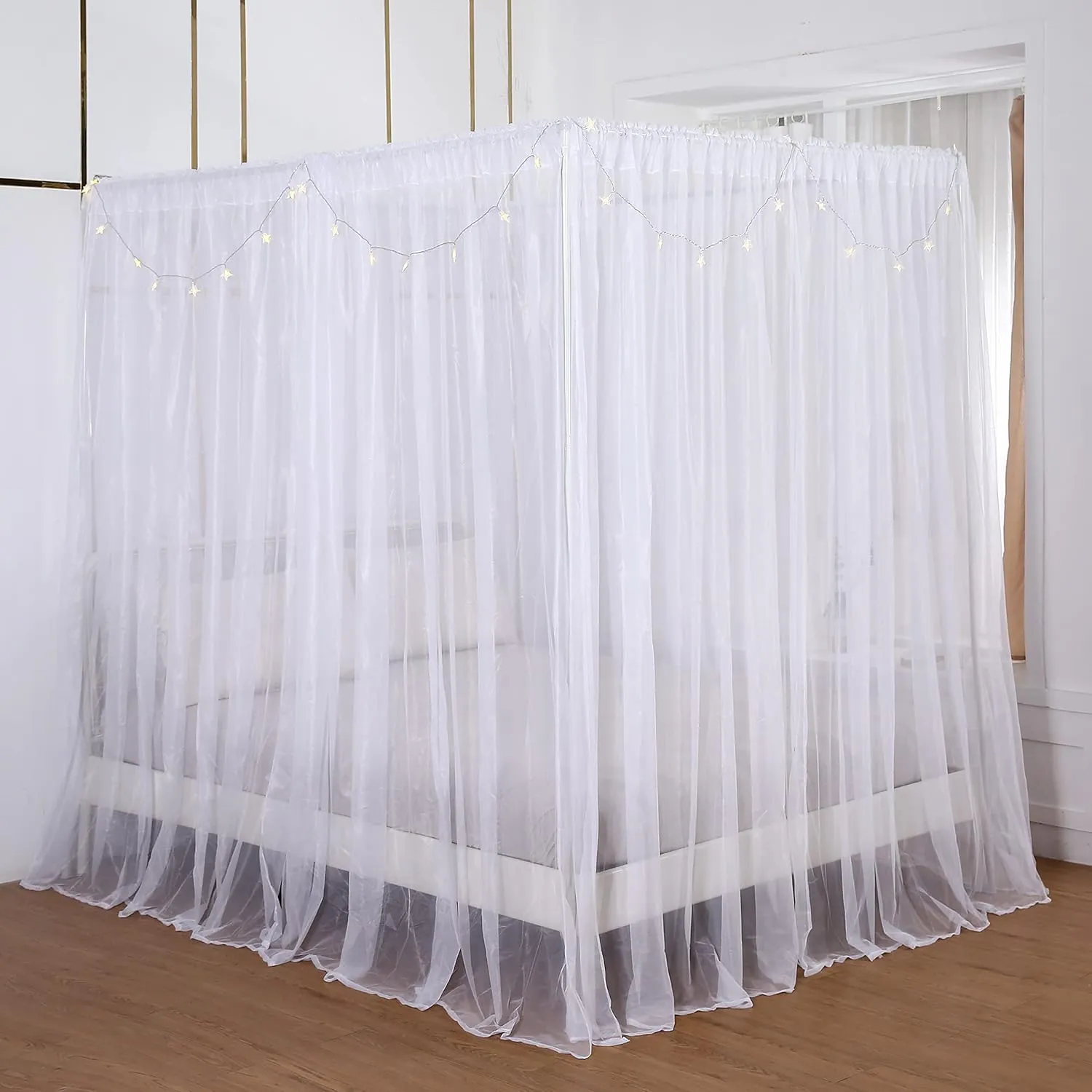 Akiky Princess Canopy Bed Curtains Bed Canopy Curtains with Lights for Queen Size Bed Drapes,8 Panels Canopies with Lights,Room Décor (Full/Queen, White)