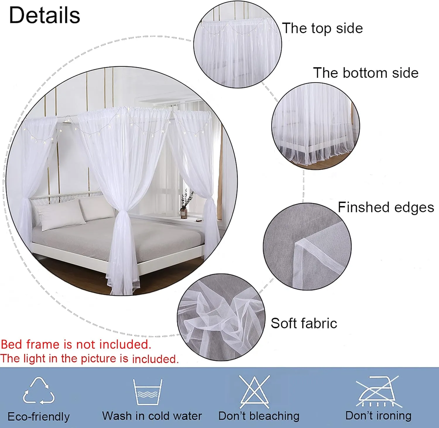 Akiky Princess Canopy Bed Curtains Bed Canopy Curtains with Lights for Queen Size Bed Drapes,8 Panels Canopies with Lights,Room Décor (Full/Queen, White)
