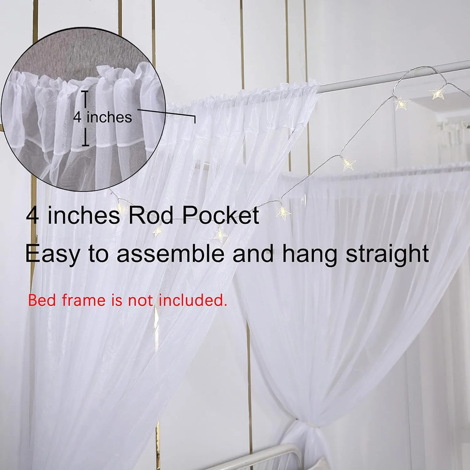 Akiky Princess Canopy Bed Curtains Bed Canopy Curtains with Lights for Queen Size Bed Drapes,8 Panels Canopies with Lights,Room Décor (Full/Queen, White)