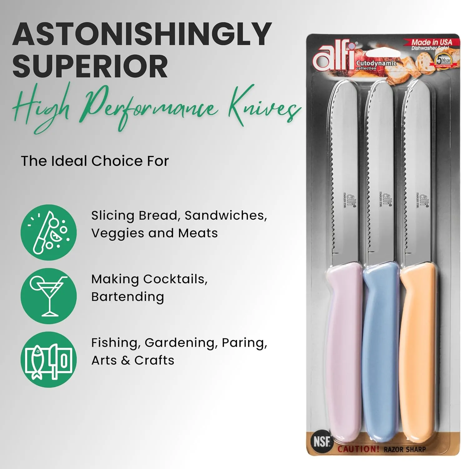 Alfi All-Purpose Knives Aerospace Precision Rounded Tip - Home And Kitchen Supplies - Serrated Steak Knives Set | Made in USA (3 Pack, Sunny Yellow)