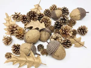 Alpine Cabin Seasonal Decoration - Golden Pinecones Acorns & Leaves (31 Piece Set)