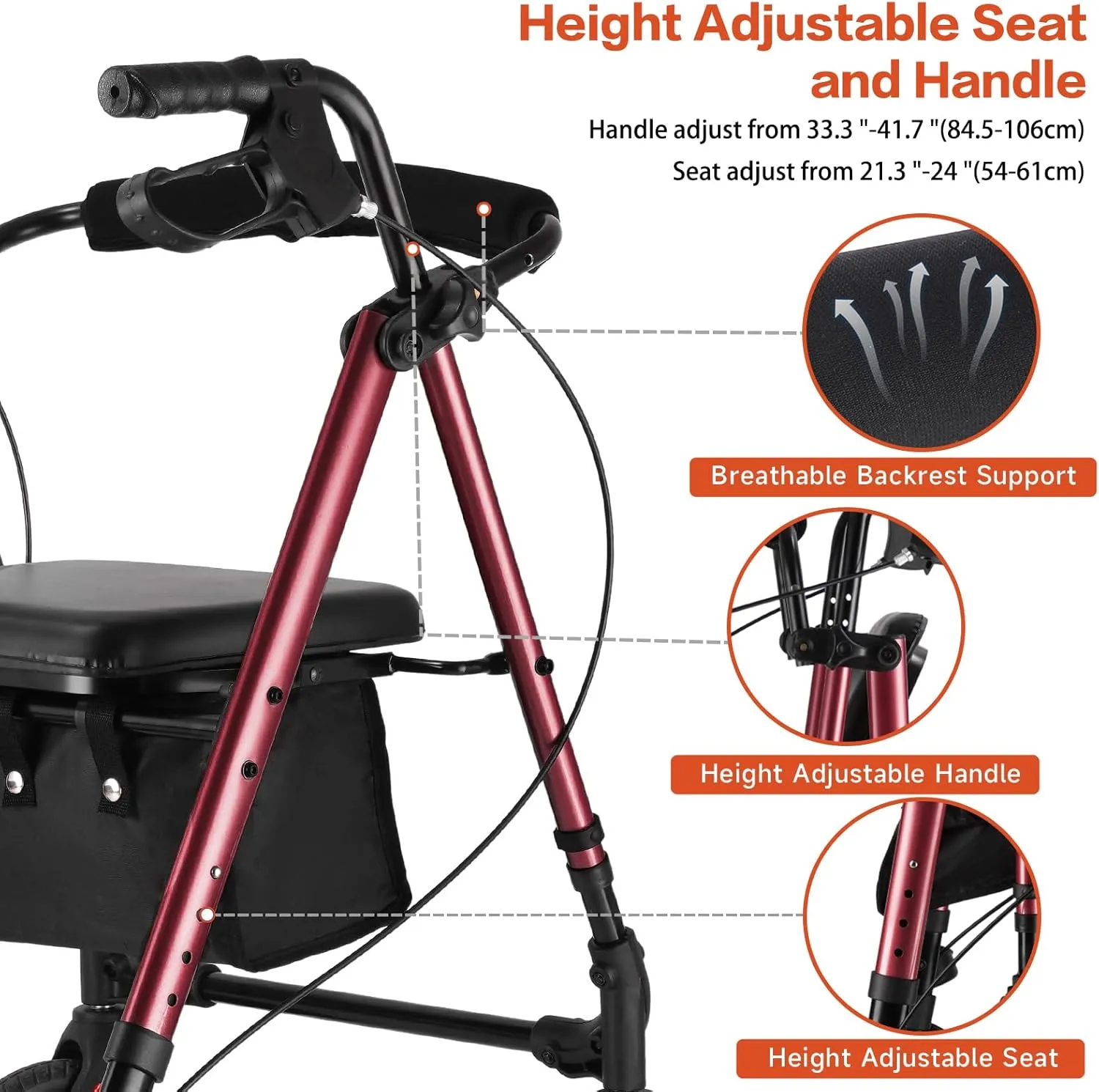 Amblisss Rollator Walker with Seat & Tray, 300 lbs Weight Capacity, 8" Wheels Dual Height Ajustable, Foldable Rolling Walker for Seniors with Basket, Handles Brake Rollator Walker for All-Terrain