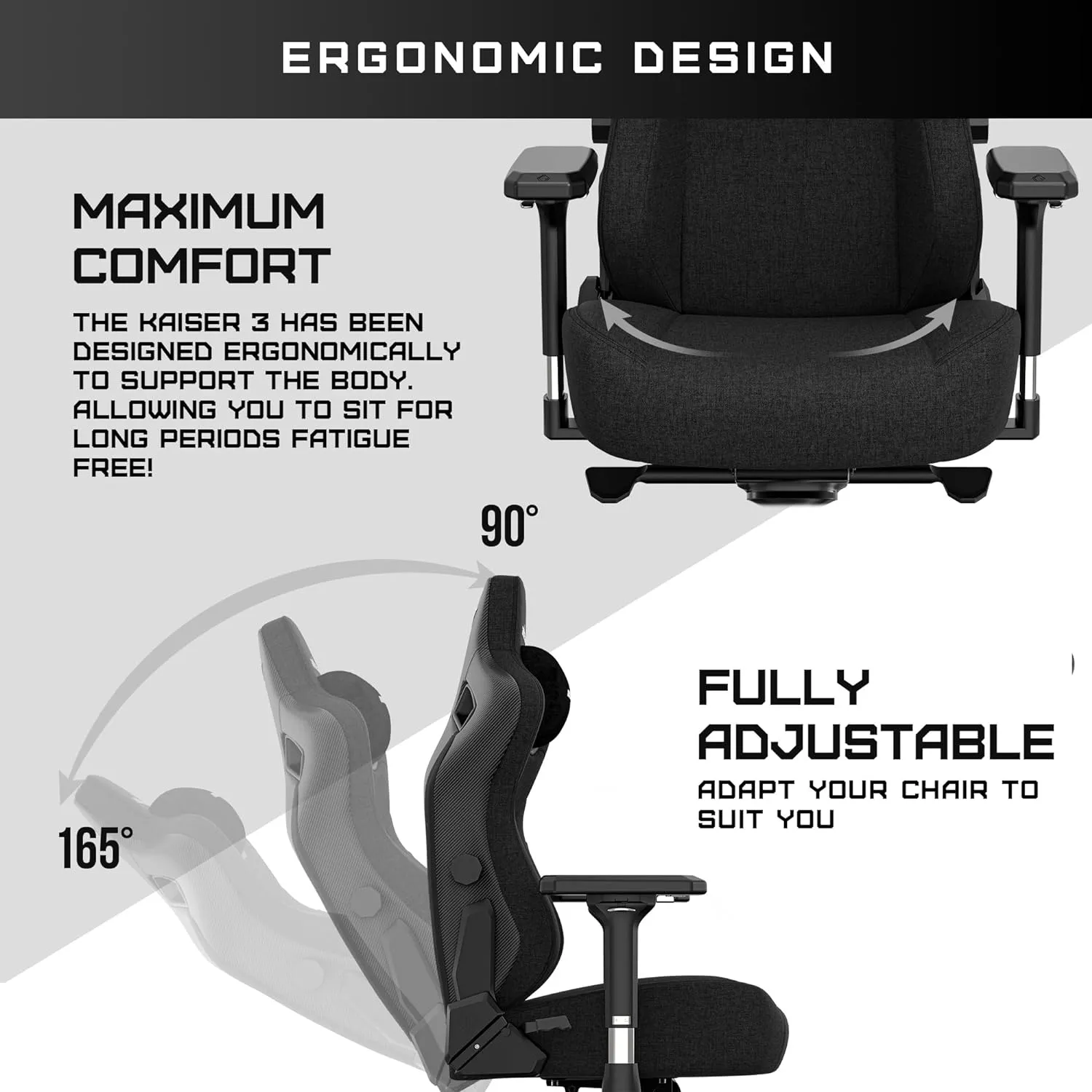 Anda Seat Kaiser 3 Large Gaming Chair for Adults - Ergonomic Black Fabric Gaming Seat with Lumbar Support, Comfortable Office Chairs with Neck Support - Heavy Duty Wide Computer Seat