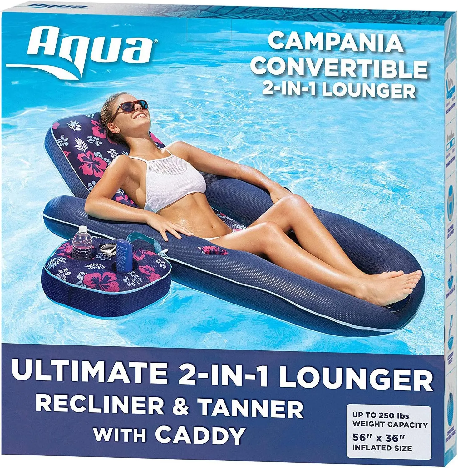 Aqua Campania Ultimate 2-in-1 Pool Float Lounge – Extra Large – Inflatable Pool Floats for Adults with Adjustable Backrest & Cupholder Caddy – Multiple Colors/Styles
