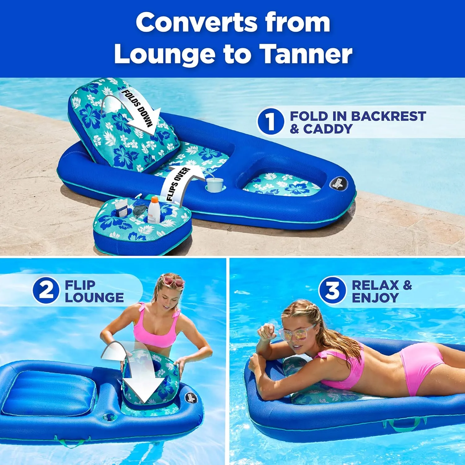 Aqua Campania Ultimate 2-in-1 Pool Float Lounge – Extra Large – Inflatable Pool Floats for Adults with Adjustable Backrest & Cupholder Caddy – Multiple Colors/Styles