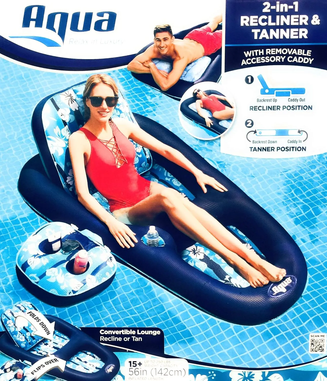 Aqua Campania Ultimate 2-in-1 Pool Float Lounge – Extra Large – Inflatable Pool Floats for Adults with Adjustable Backrest & Cupholder Caddy – Multiple Colors/Styles