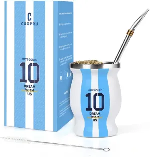 Argentina Captain No.10 Yerba Mate Gourd, Double-walled Stainless Steel Vacuum Insulated Mate Cup for Keep Hot/Ice Coffee, Water, Tea and Beer, with Bombilla Straw, Cleaning Brush