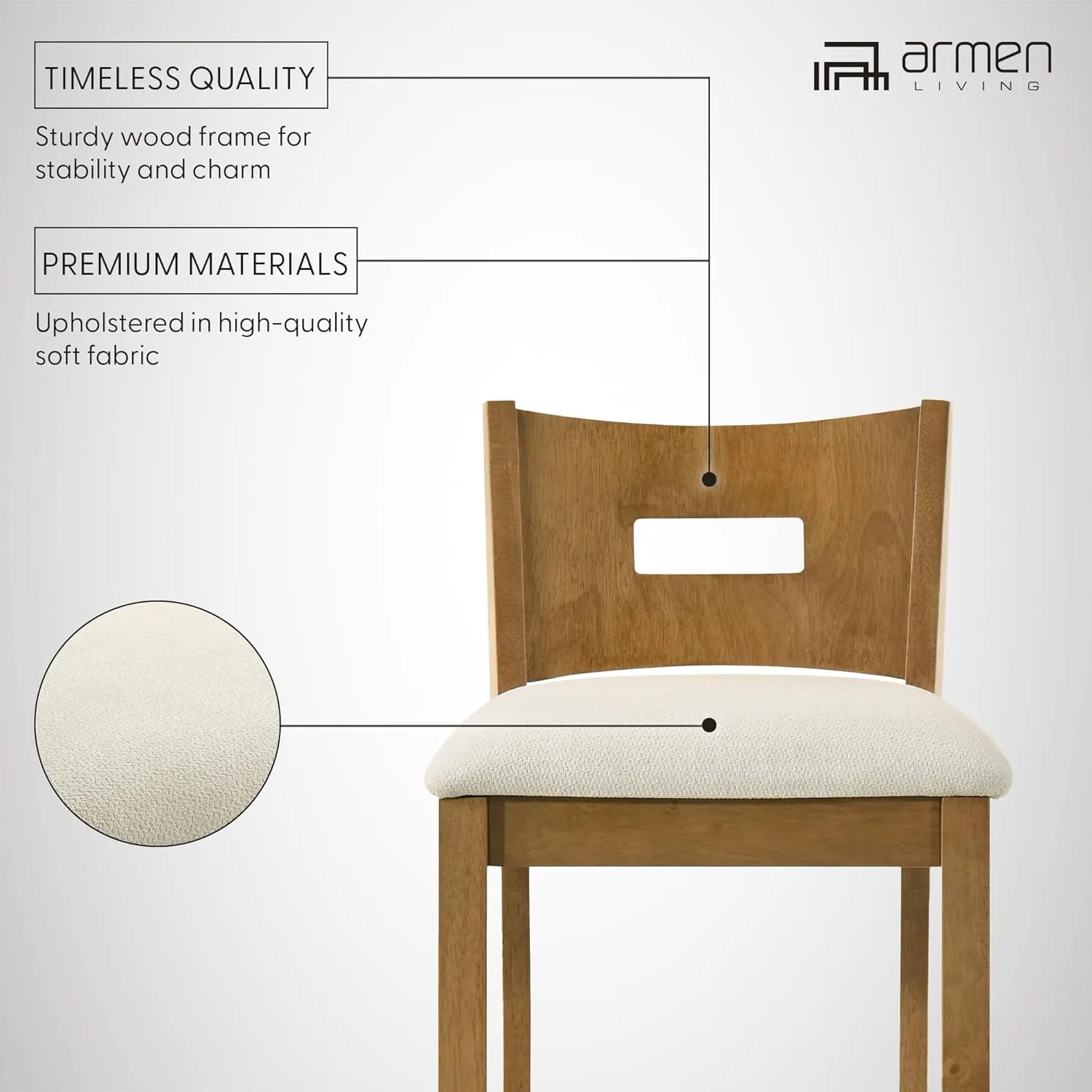 Armen living Ren 30 in. Amber Glow Bar Height Rubberwood Barstool with Ivory Fabric Seat
