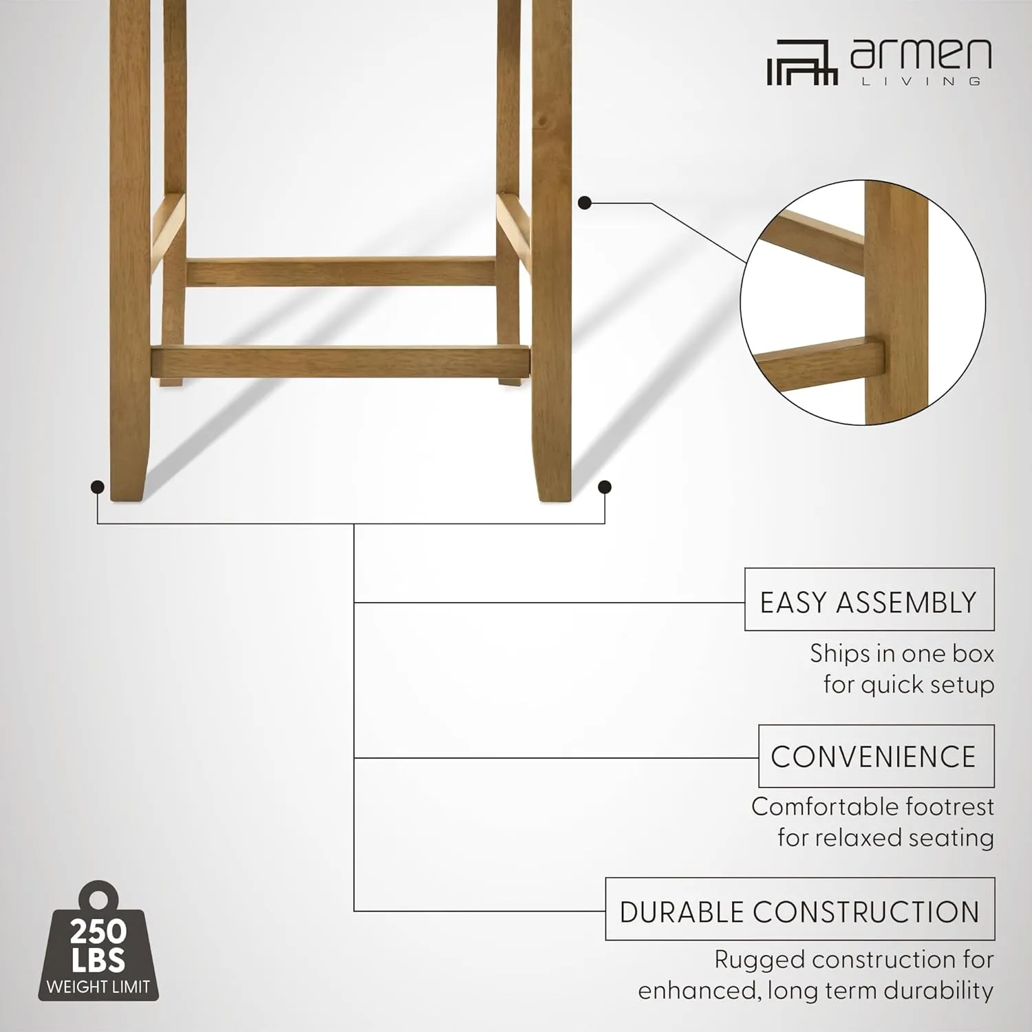 Armen living Ren 30 in. Amber Glow Bar Height Rubberwood Barstool with Ivory Fabric Seat