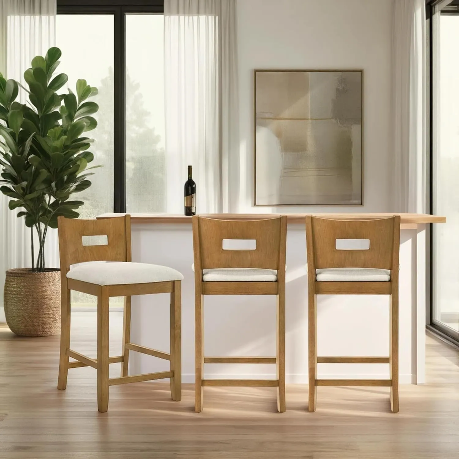 Armen living Ren 30 in. Amber Glow Bar Height Rubberwood Barstool with Ivory Fabric Seat